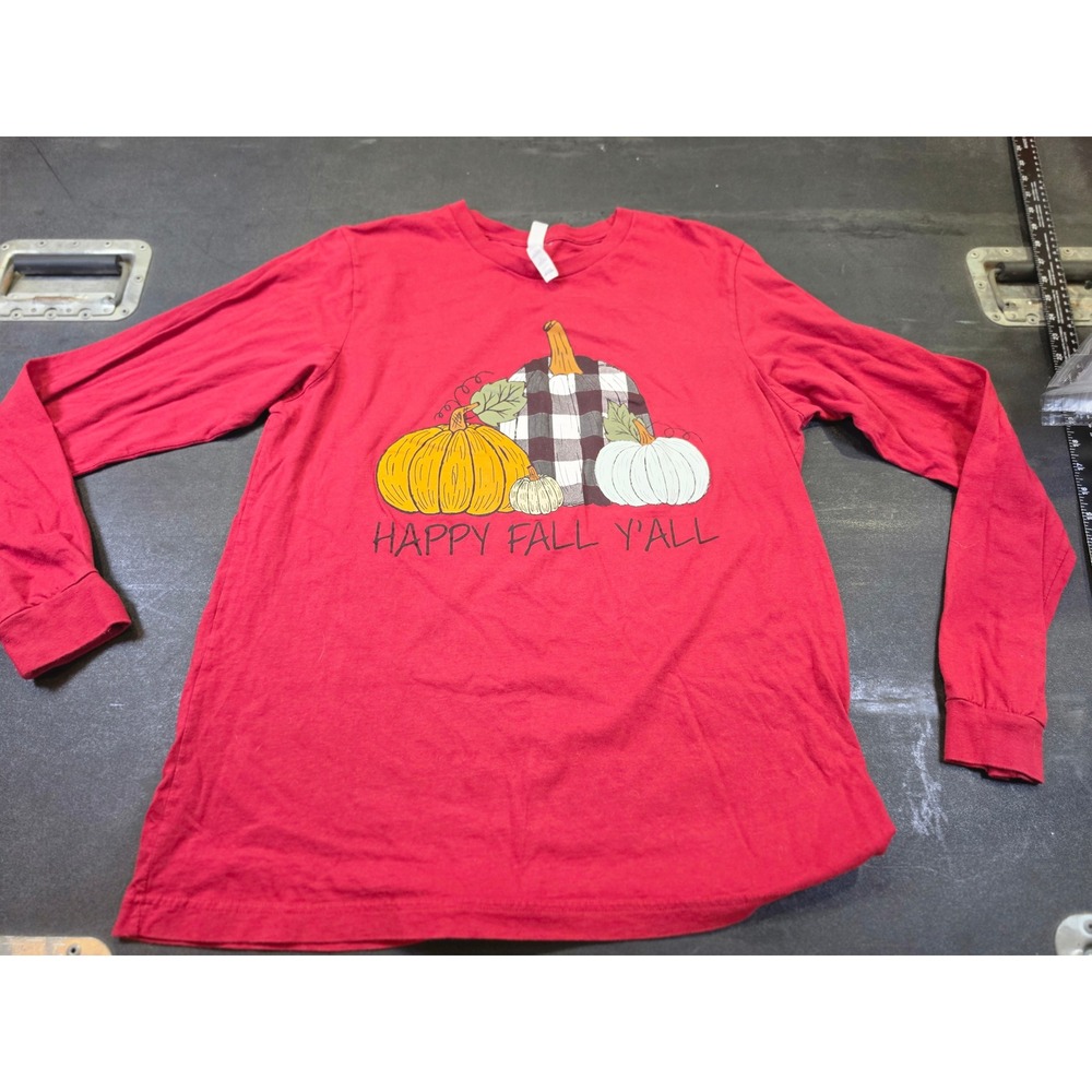 Bella Canvas Happy Fall Y'all Pumpkin Graphic Long Sleeve T-Shirt Red Large